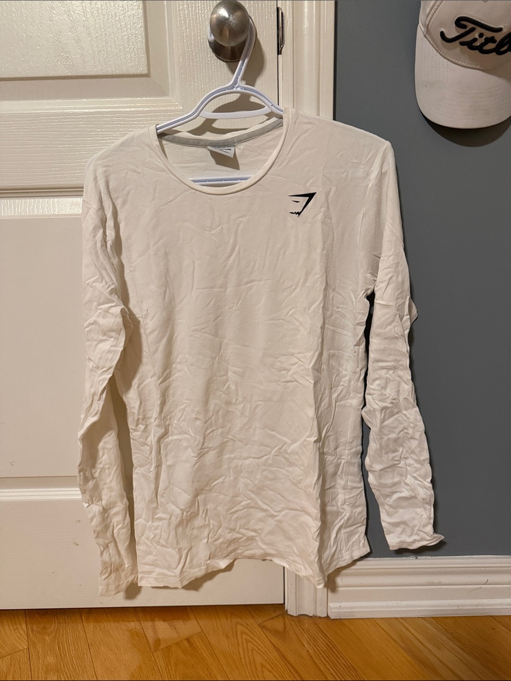 Gymshark Men’s Long Sleeve Crew Tee in White with Black Logo